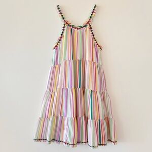 Peek Rainbow Stripe Tiered Dress Embroidered Trim Girls Small 6/7 Cotton